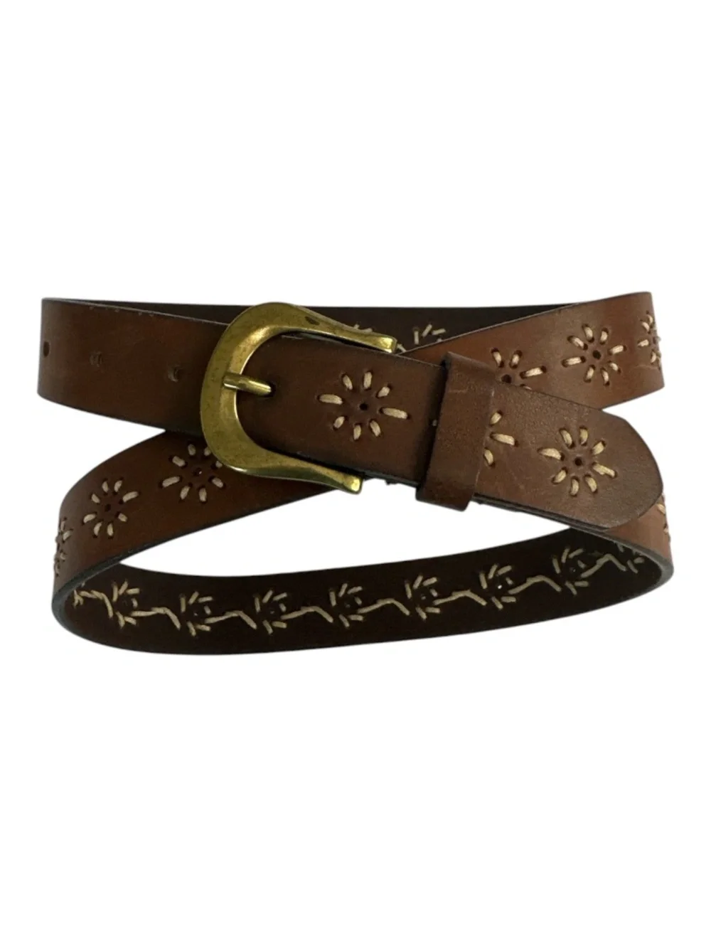 Leather Embroidered Belt L 42.5” Brown Boho Western Floral Cutout Rustic